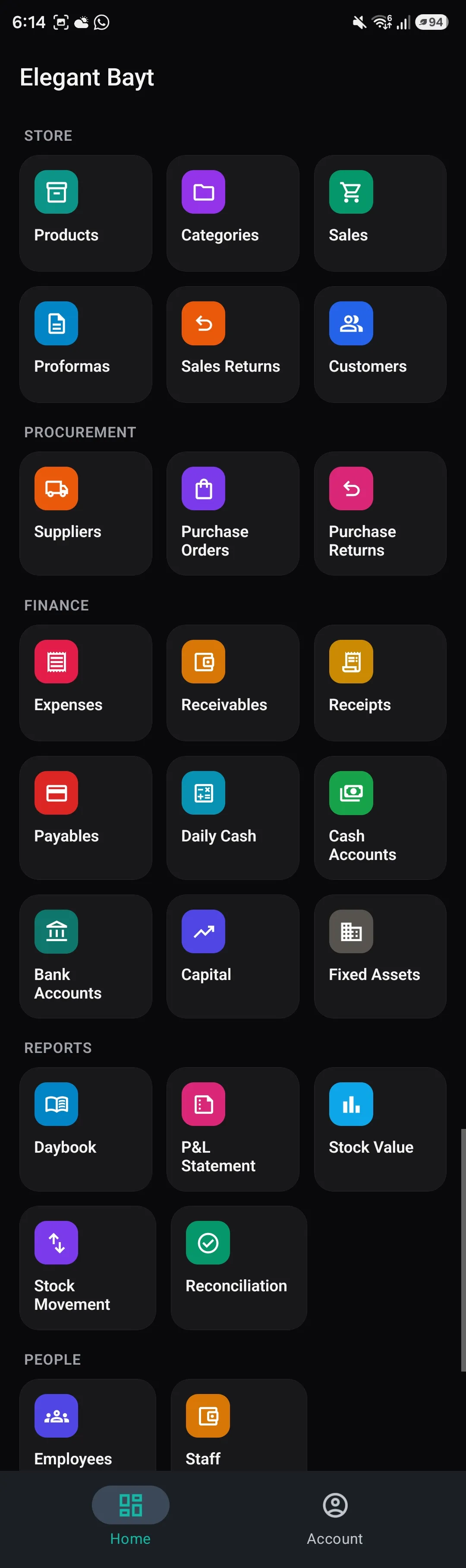 Elegant Bayt ERP mobile app screenshot