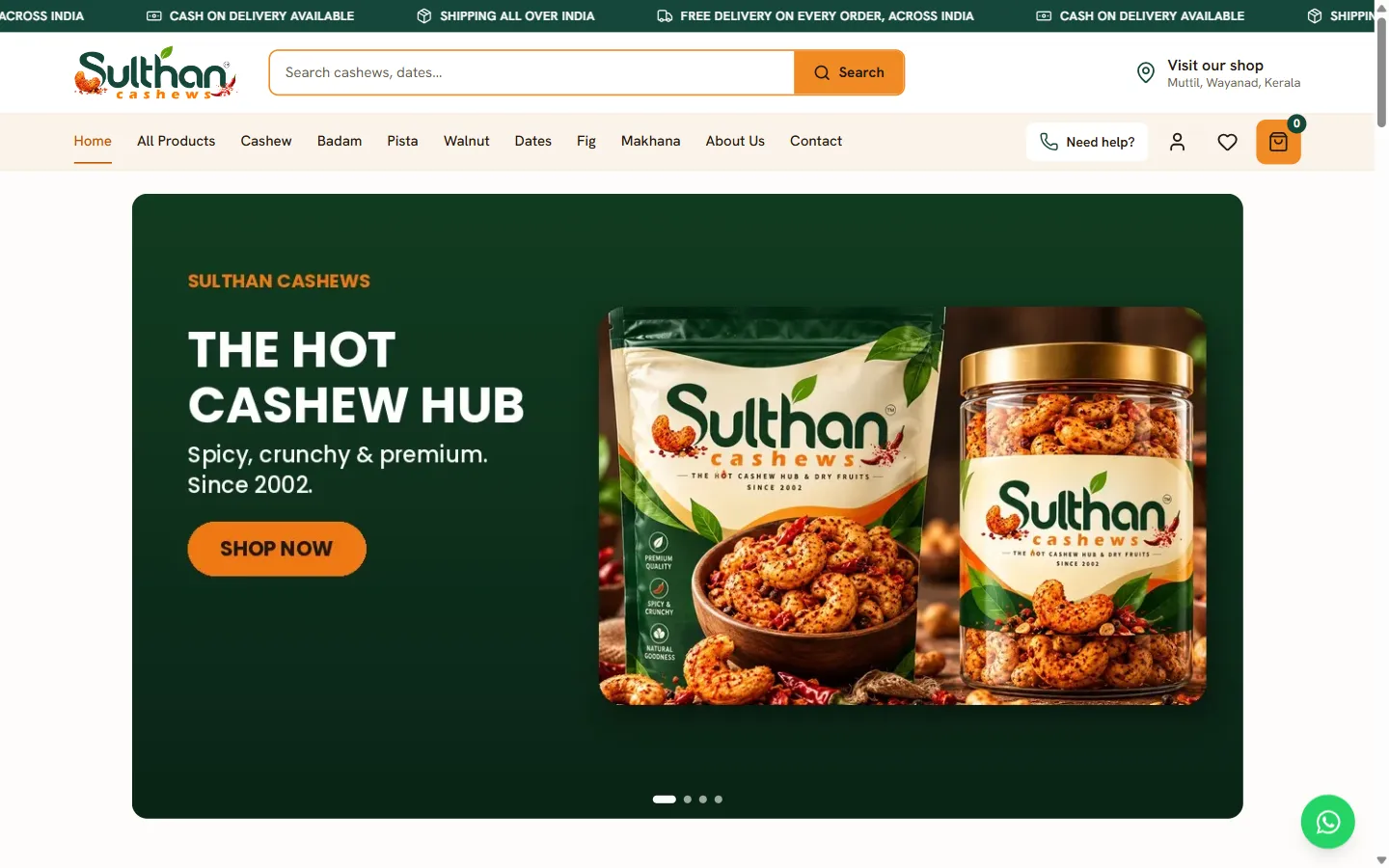 Sulthan Cashews website homepage